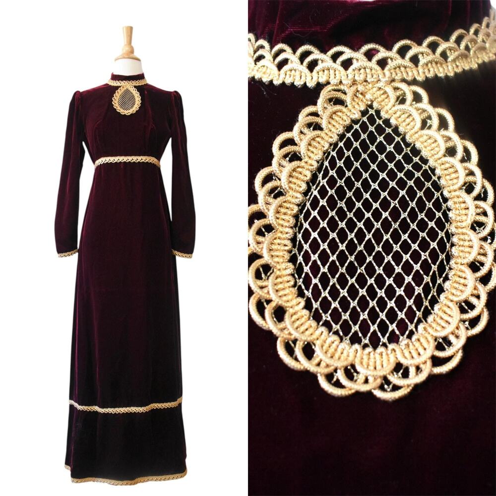 Vintage 60s Victorian Renaissance Revival Crimson Velvet Gold Trim Maxi Dress